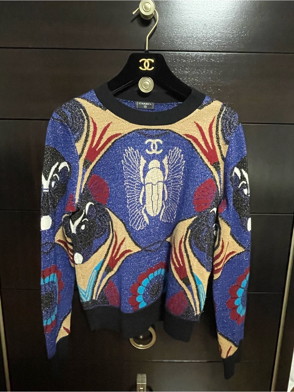 Chanel Blue Multicolor Patterned Knit Sweater - Egyptian Scarab Beetle - 2019